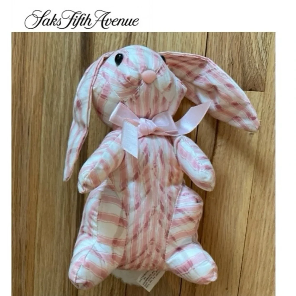 NWOT Saks Fifth Avenue Vintage Pink/White w/lt tan Striped Bunny, stuffed muslin